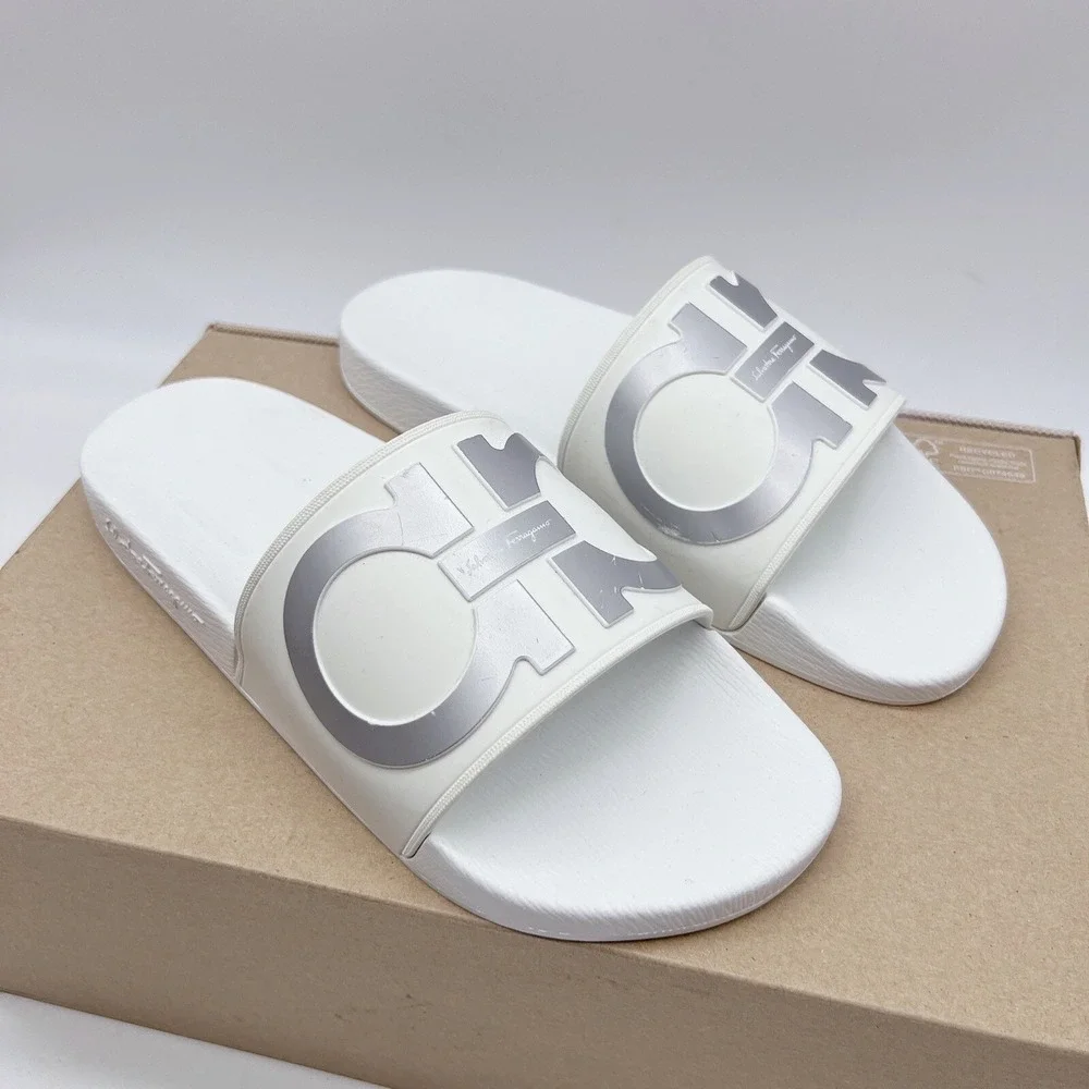 Salvatore Ferragamo Groove 6 Mens Gancini LOGO Slides Sandals White Gray US 7